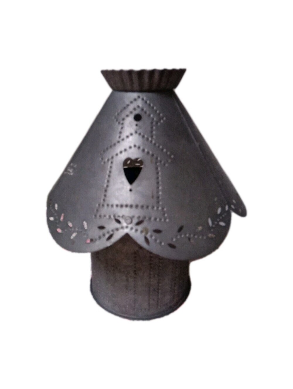 This is a primitive folk art punched tin candle holder lamp with an Heart Design